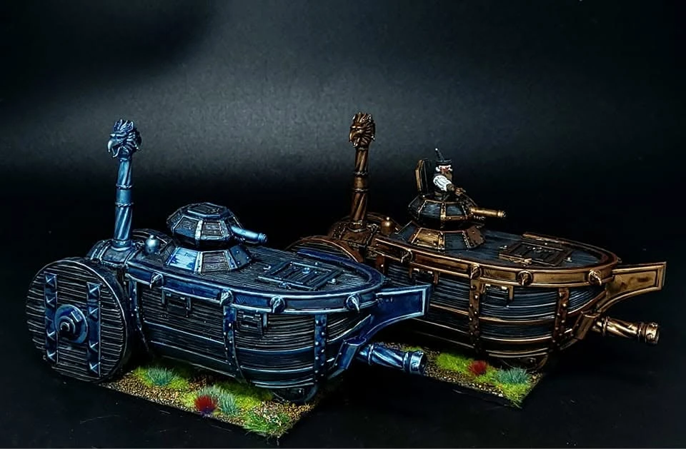 Steam tanks in blue and bronze