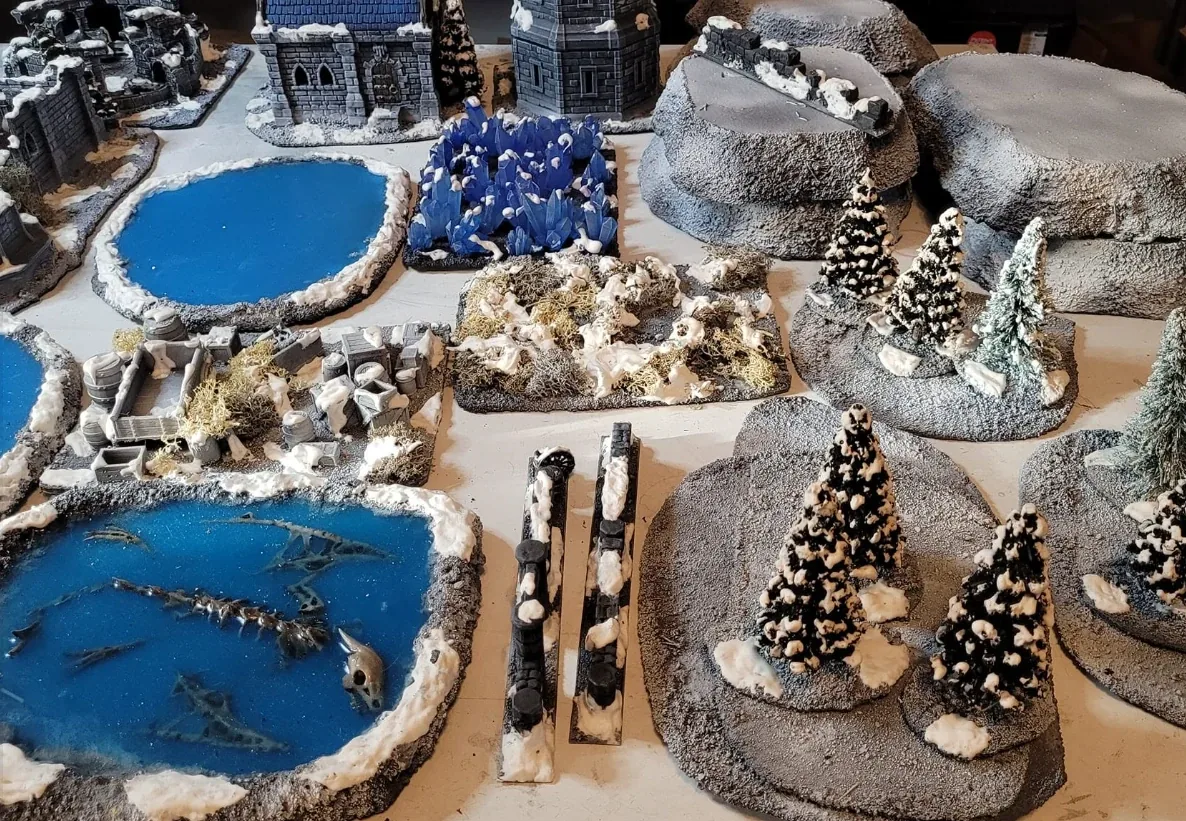 Winter set: frozen lakes, crystals, snowy hills and forests