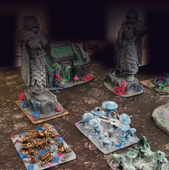 Dwarf statues, hall and mushroom forests